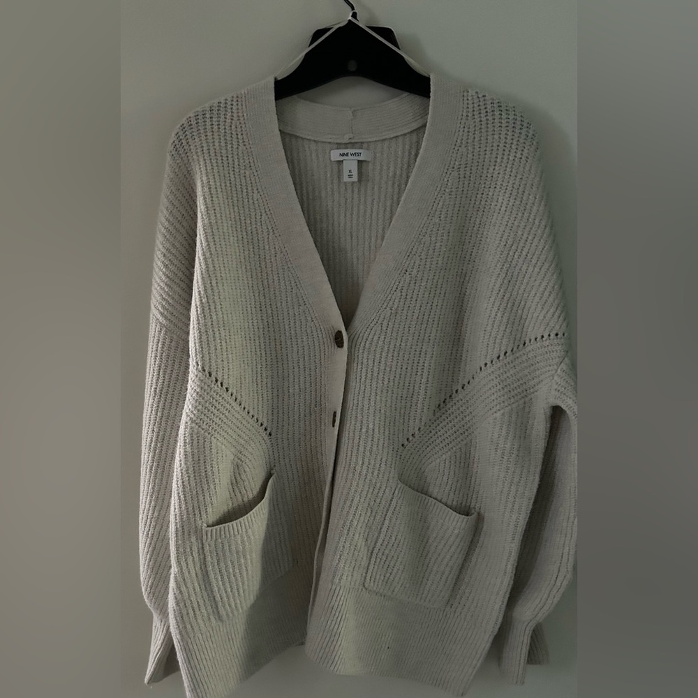 Nine West Cardigan Sweater Womens XL Cream Chunky Knit Button Front Pockets